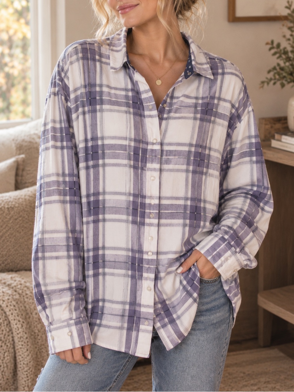 Jach’s Girlfriend Relaxed Blue & Lavender Plaid Button-Up Shirt - Women Size XL